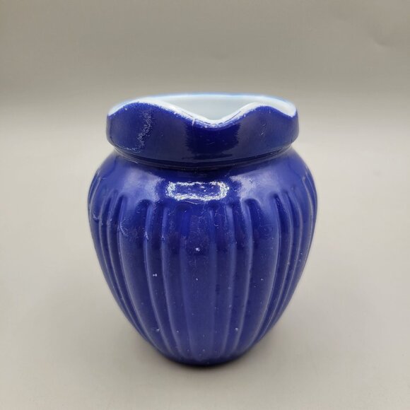 1940s Hazel Atlas Blue Platonite Glass Ribbed Creamer Pitcher Cased Glass - Picture 4 of 6